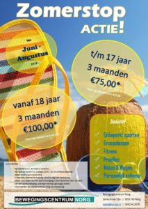 Bewegingscentrum Norg doet graag iets extra’s voor lokale sportverenigingen in Norg en omgeving. Daarom bieden we een leuk zomerstop actie. Zo blijf je fit en actief tijdens de zomer.