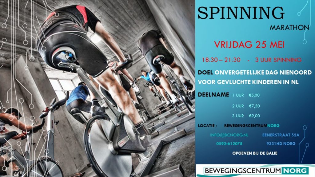 Spinning marathon Bewegingscentrum Norg "Een onvergetelijke dag Nienoord organiseren voor gevluchte kinderen"